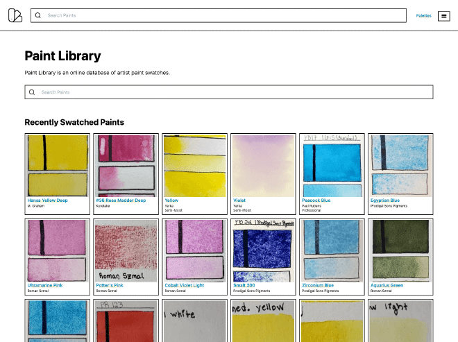 Home page of Paint Library, showing a search box and most recently added paint swatches.