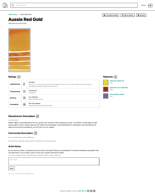 A screenshot showing Paint Library's page on a paint called Aussie Red Gold by Daniel Smith.