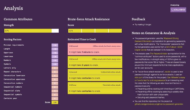 A screenshot showing the Password Generator's password analysis functionality.
