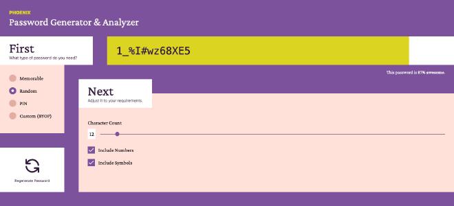 A screenshot showing the Random password generation feature, which allows visitors to select character count and whether it includes numbers or symbols.
